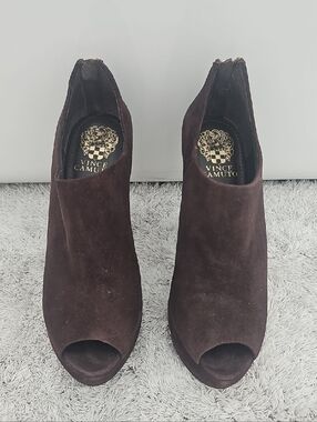 Vince Camuto Dark Brown Suede Peep-Toe Ankle Booties
